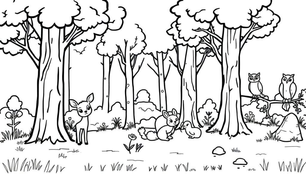 Zwart-wit kleurplaat van een boslandschap met hoge bomen, gras, bloemen, stenen, een reekalfje, een eekhoorn, een eendje en twee uilen.