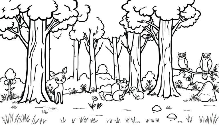 Zwart-wit kleurplaat van een boslandschap met hoge bomen, gras, bloemen, stenen, een reekalfje, een eekhoorn, een eendje en twee uilen.