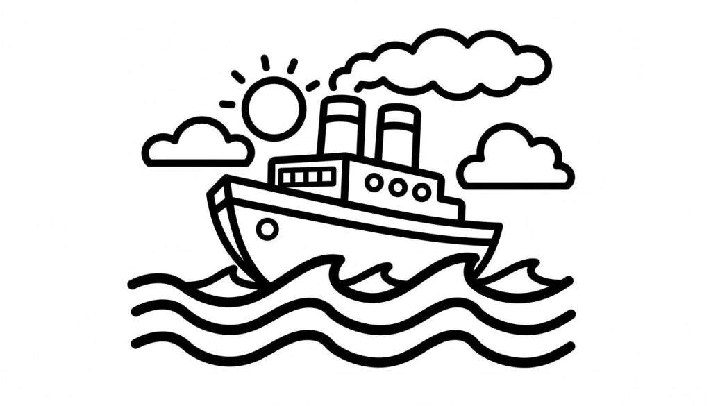 Zwart-wit lijntekening van een stoomboot met twee schoorstenen op golvend water, met rook uit één schoorsteen. De zon schijnt met stralen en er zijn drie wolken in de lucht.