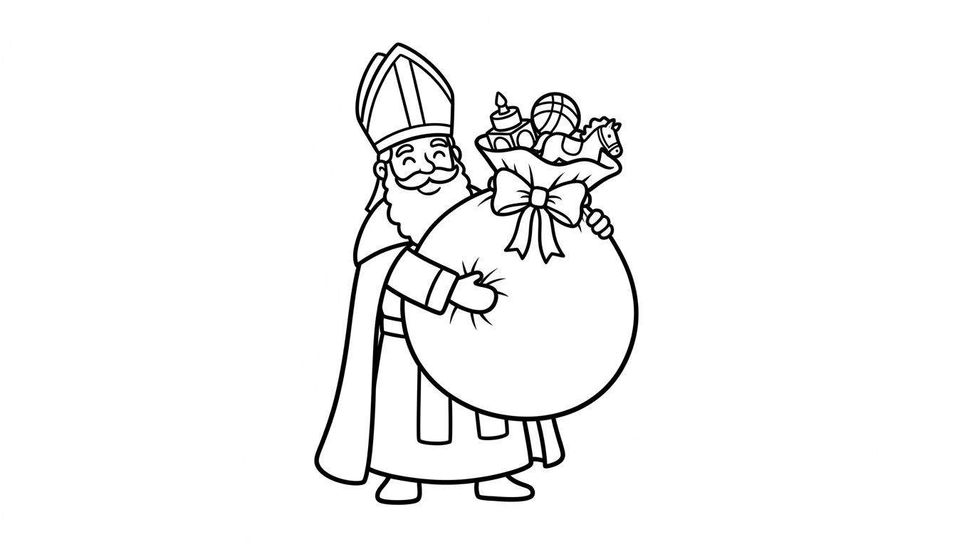 Zwart-wit lijntekening van een vrolijke Sinterklaas met mijter, bisschopskleding, een lachend gezicht, volle witte baard, en een grote, bolle zak vol speelgoed, waaronder een hobbelpaard en een basketbal. Klaar om in te kleuren door peuters.