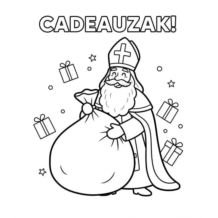 Zwart-wit kleurplaat voor peuters met lachende Sinterklaas, traditionele mijter, grote cadeauzak, zwevende cadeautjes, sterren en de tekst "CADEAUZAK!".