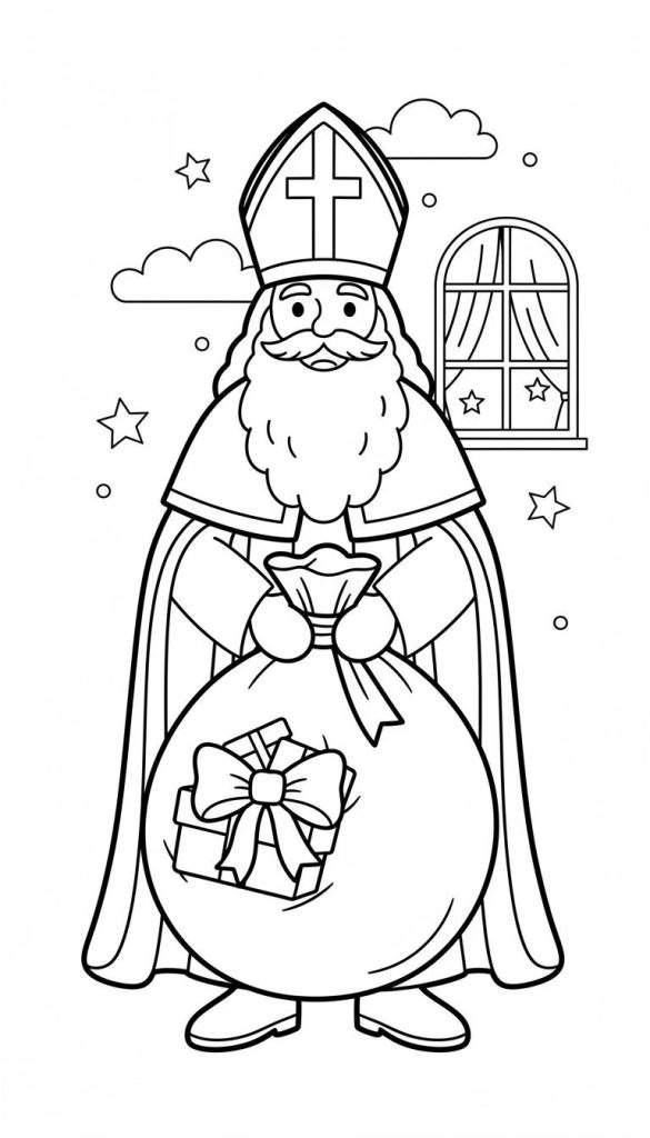 Zwart-wit kleurplaat van Sinterklaas met mijter en lange baard, die een grote, gevulde zak vasthoudt met een ingepakt cadeau. Op de achtergrond zijn wolken, sterren en een raam te zien. Geschikt voor peuters.