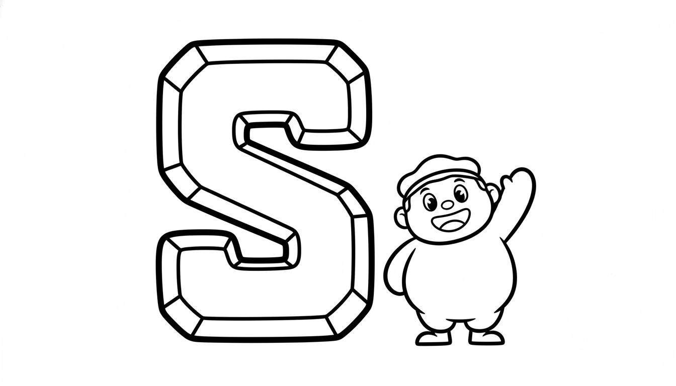 Zwart-wit kleurplaat van een grote 3D letter S links, en rechts een vrolijk zwaaiend stripfiguur met een muts, voor het thema Sinterklaas en peuters.