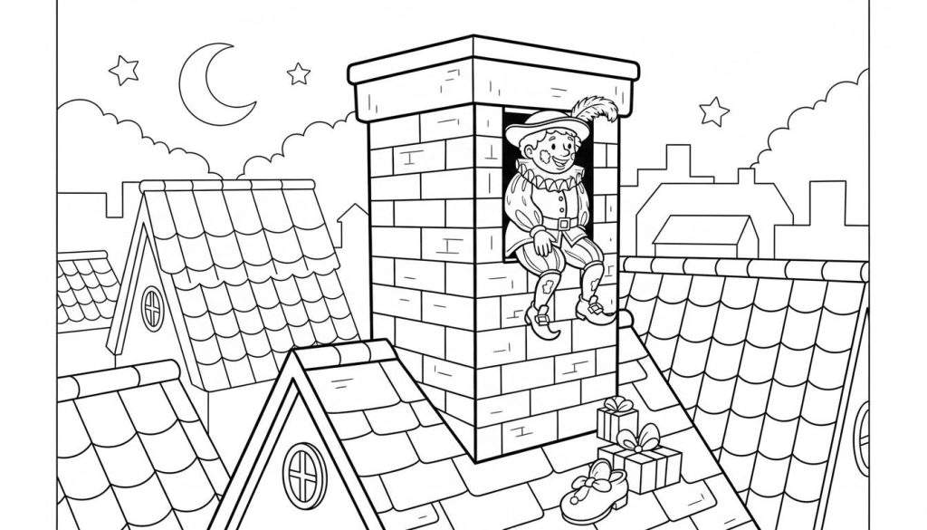 Kleurplaat van lachende Zwarte Piet die uit een schoorsteen op een dak komt, omringd door daken met cadeautjes en een schoen, onder een nachtelijke hemel met maan en sterren. Sinterklaas thema voor peuters.