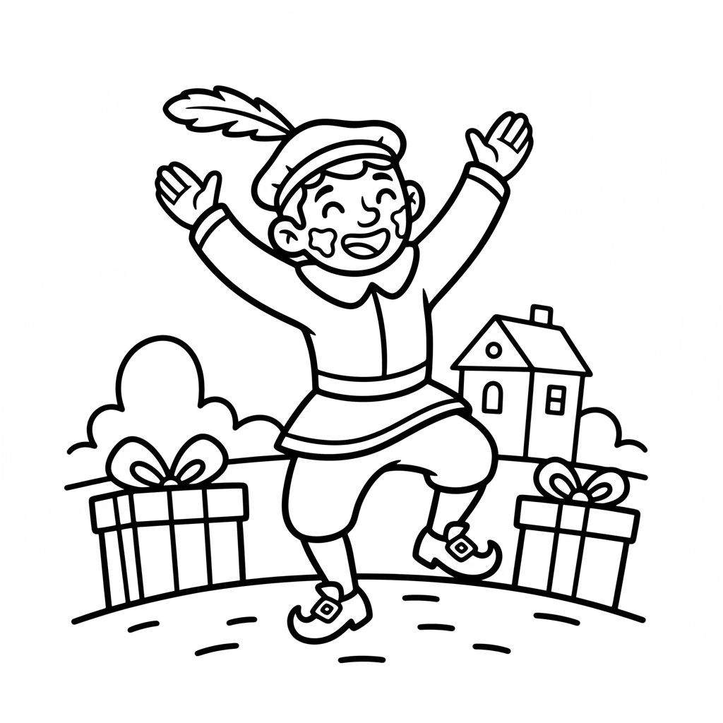 Zwart-wit lijntekening van een lachende jongen in traditionele kleding met muts en veer, springend tussen cadeaus, met een huisje en wolken op de achtergrond.