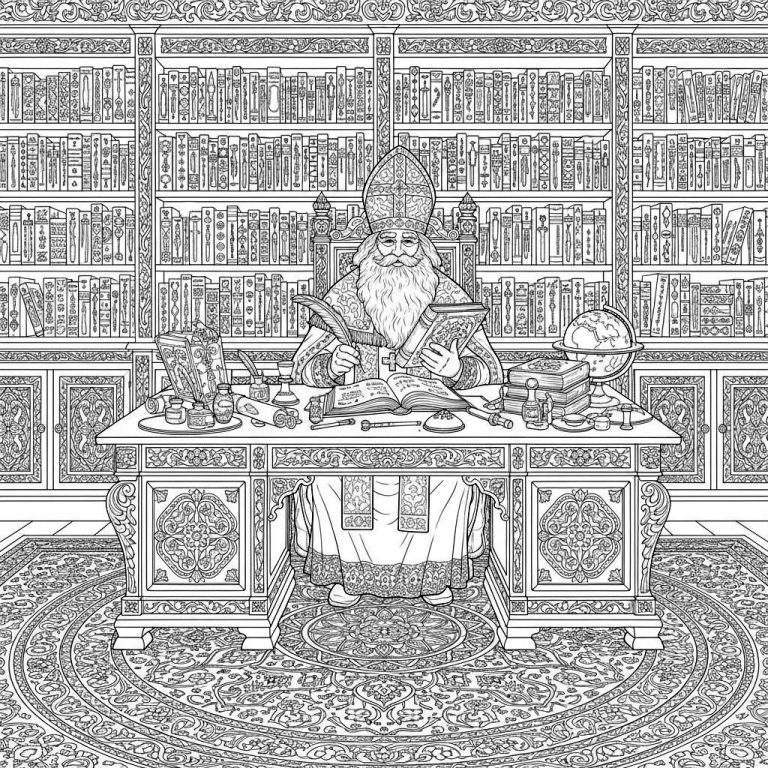 Gedetailleerde zwart-wit kleurplaat van Sinterklaas met mijter en gewaden, schrijvend met een veerpen aan een bureau vol boeken in een immense bibliotheek, omringd door studiematerialen en een oosters tapijt.