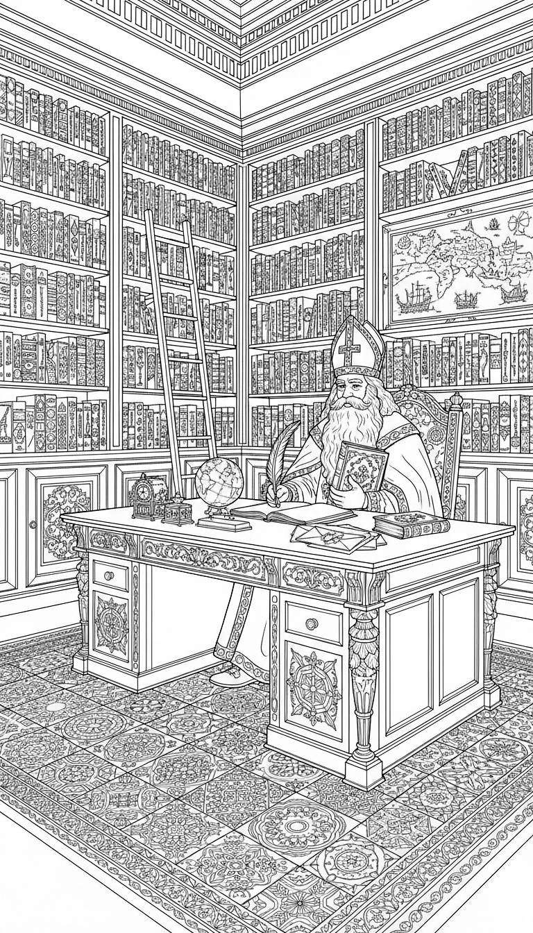 Gedetailleerde kleurplaat van Sinterklaas met mijter en baard, schrijvend aan een bureau vol boeken in een indrukwekkende bibliotheek met hoge boekenkasten en een ladder.