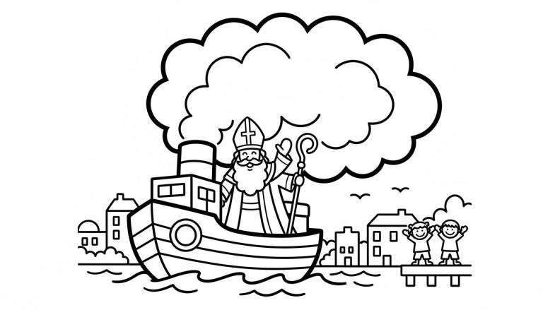 Sinterklaas op stoomboot zwaait naar twee kinderen op een kade, met huizen, golvend water, wolken en vogels op de achtergrond. Lijntekening.