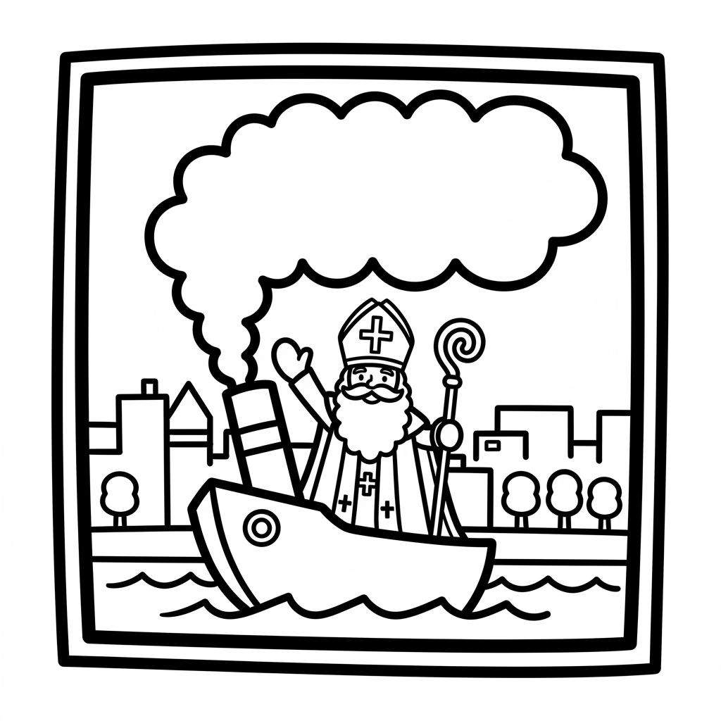 Kleurplaat van Sinterklaas op een stoomboot, zwaaiend vanaf het dek, met een dikke rookwolk uit de schoorsteen en een stad op de achtergrond. Geschikt voor peuters.
