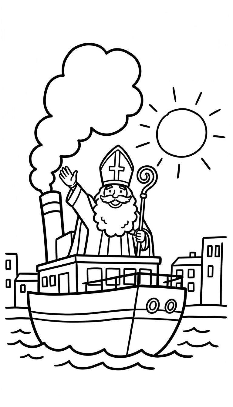 Zwart-wit kleurplaat van Sinterklaas in bisschopskleding die vrolijk zwaait vanaf een boot met een hoge schoorsteen. De boot vaart op golvend water, met een stad op de achtergrond en de zon schijnend aan de hemel. Geschikt voor peuters.