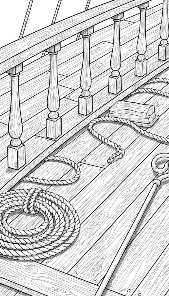 Zwart-wit lijntekening van een gedetailleerd houten scheepsdek met reling, gedraaide balusters, brede planken, opgerold en los touw, een houten blok en een pikhaak. Veel houtnerven en arceringen.