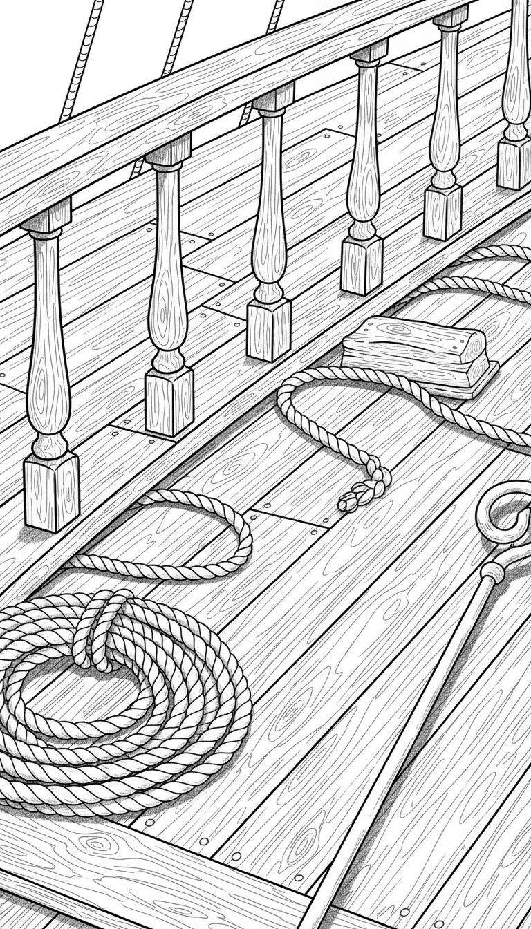 Zwart-wit lijntekening van een gedetailleerd houten scheepsdek met reling, gedraaide balusters, brede planken, opgerold en los touw, een houten blok en een pikhaak. Veel houtnerven en arceringen.
