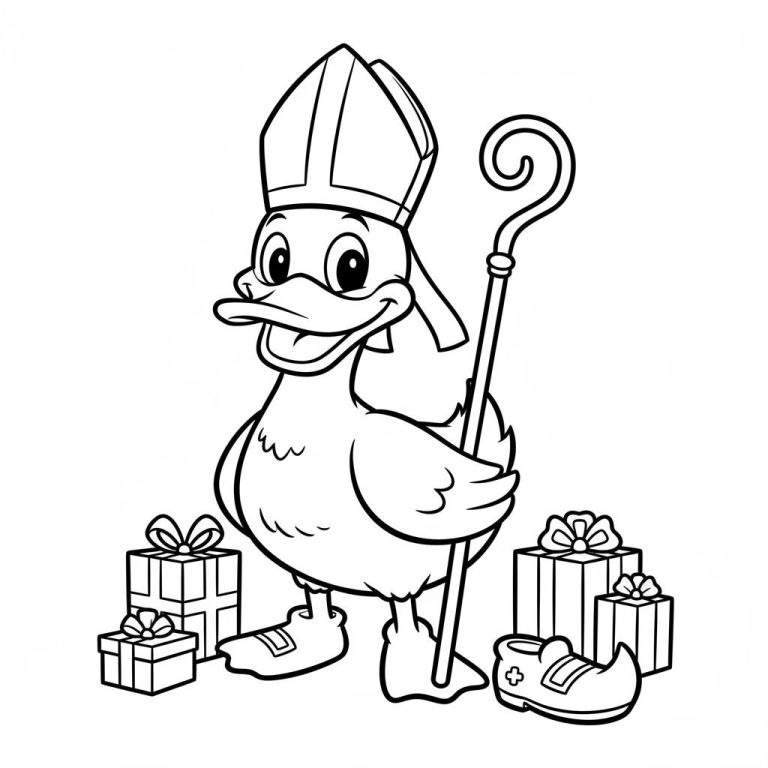 Kleurplaat van een Sinterklaas eend met mijter, staf, cadeautjes en schoenen, voor peuters.