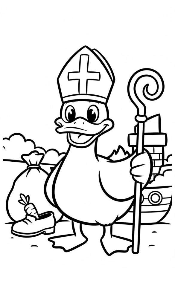Zwart-wit kleurplaat voor peuters van een lachende bisschop eend met mijter en staf. Links een zak en schoen met wortel, rechts een bakstenen muur.