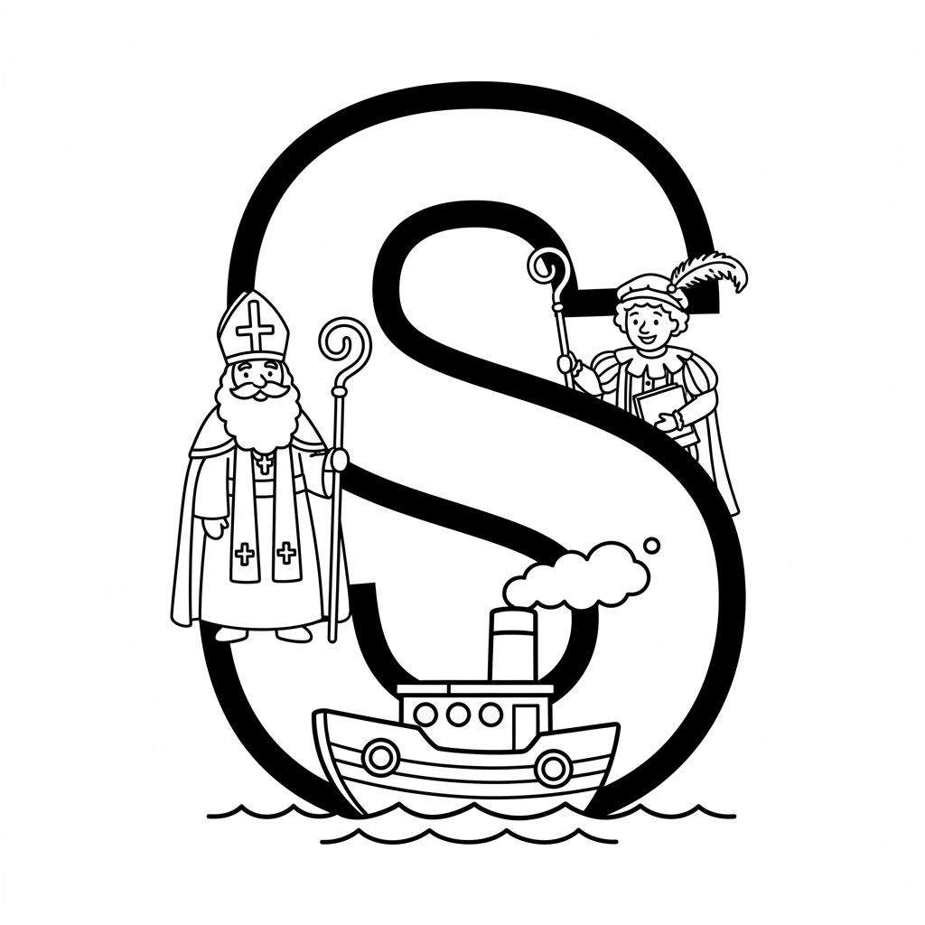 Zwart-witte Sinterklaas kleurplaat voor peuters met Sinterklaas, Zwarte Piet, een grote letter S en de stoomboot op water.