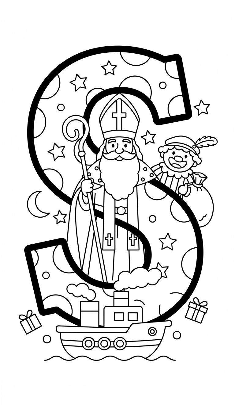 Kleurplaat van Sinterklaas en Zwarte Piet in een grote letter S, bovenop een stoomboot met cadeautjes, sterren en een maansikkel, geschikt voor peuters.