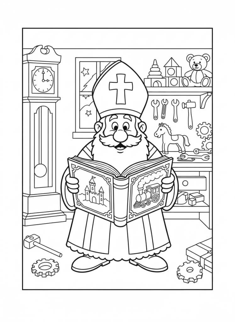 Kleurplaat van een Sinterklaas-achtige figuur met baard en mijter, staand in een werkplaats met een open boek dat een kasteel en een trein toont. Er is speelgoed, gereedschap en cadeautjes.