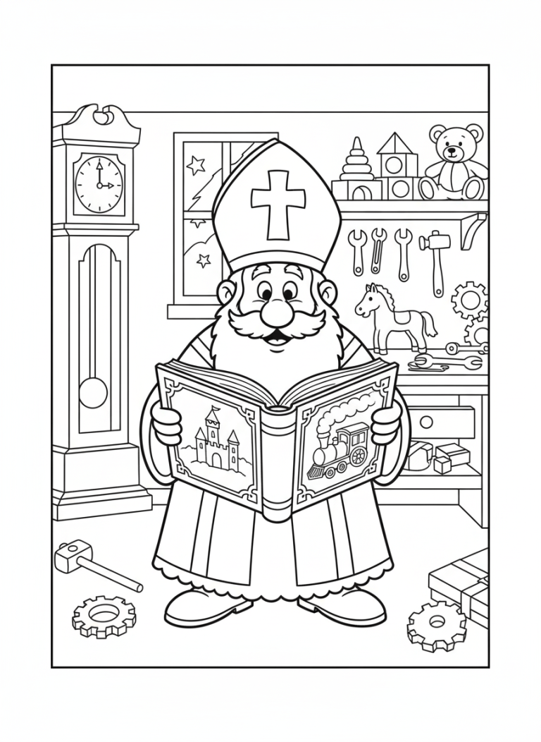 Kleurplaat van een Sinterklaas-achtige figuur met baard en mijter, staand in een werkplaats met een open boek dat een kasteel en een trein toont. Er is speelgoed, gereedschap en cadeautjes.