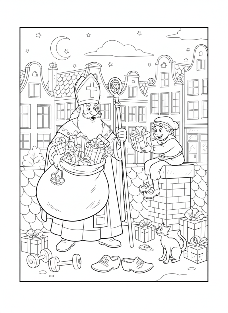 Zwart-wit kleurplaat van Sinterklaas die lachend zijn staf vasthoudt, met een zak vol cadeautjes over zijn schouder. Rechts zit een Pietje op een schoorsteen met een cadeau. Op de achtergrond Nederlandse grachtenpanden en een nachtelijke hemel met maan en sterren. Op de grond liggen cadeautjes, klompen, gewichten en een kat.