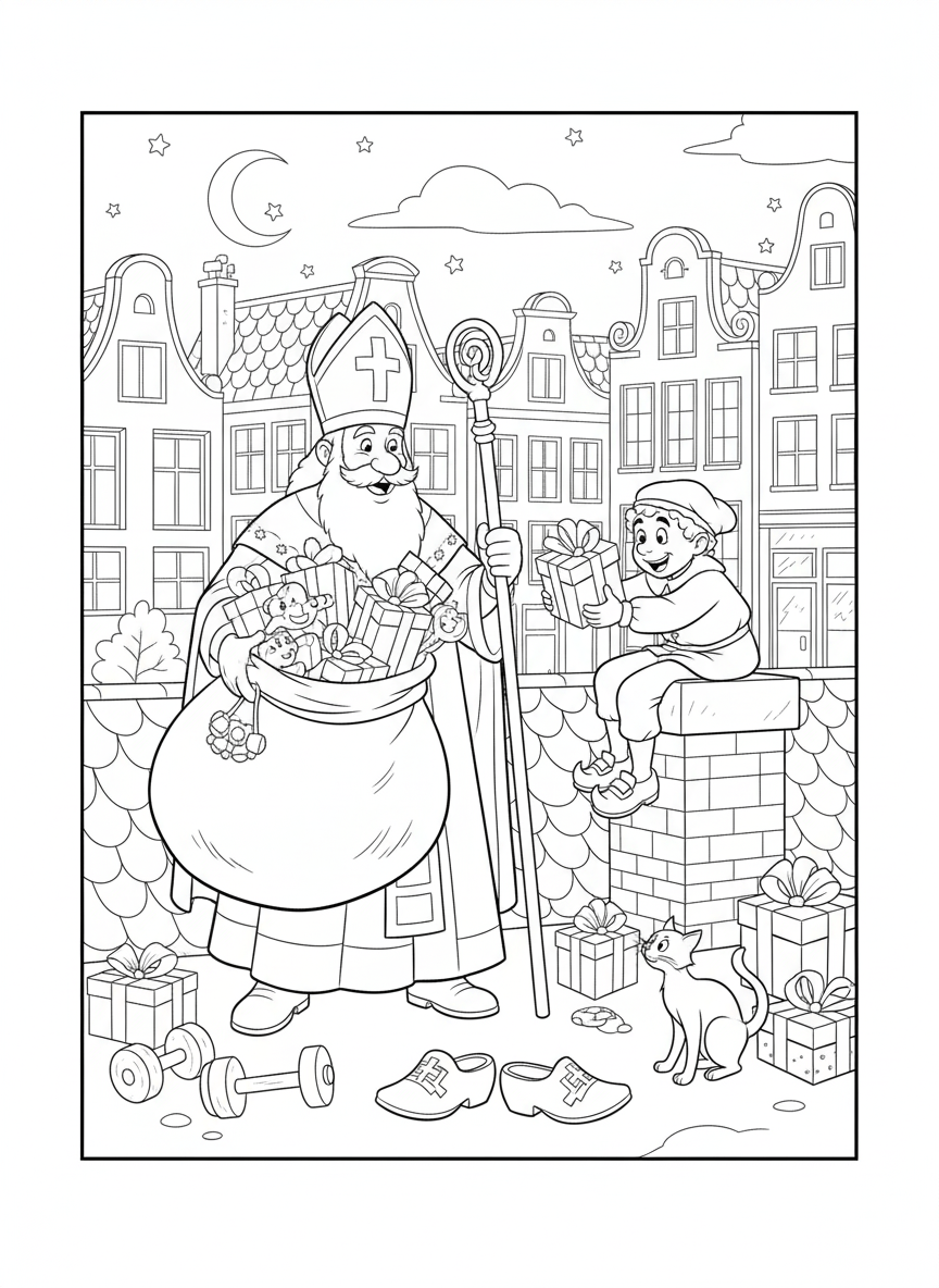 Zwart-wit kleurplaat van Sinterklaas die lachend zijn staf vasthoudt, met een zak vol cadeautjes over zijn schouder. Rechts zit een Pietje op een schoorsteen met een cadeau. Op de achtergrond Nederlandse grachtenpanden en een nachtelijke hemel met maan en sterren. Op de grond liggen cadeautjes, klom