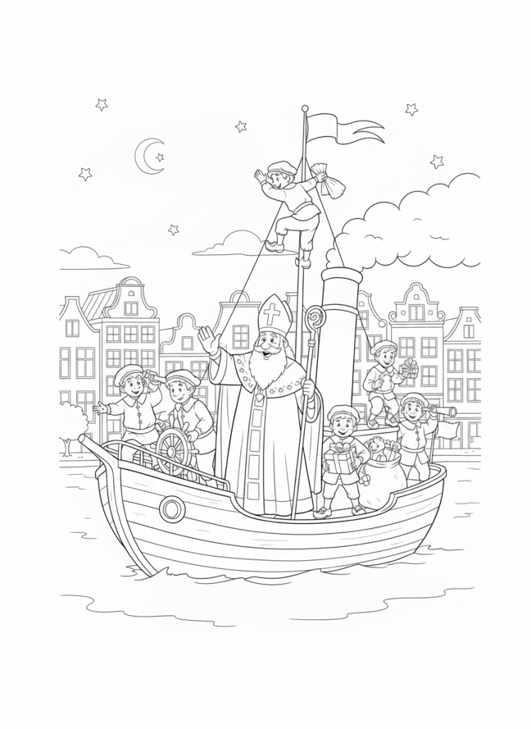 Zwart-wit kleurplaat van Sinterklaas op de stoomboot, omringd door Pieten die cadeautjes dragen. Op de achtergrond Nederlandse huizen en een maan.