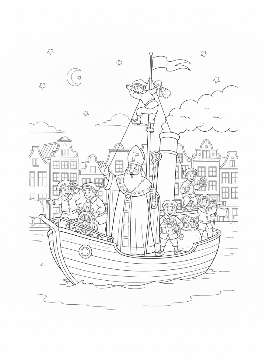 Zwart-wit kleurplaat van Sinterklaas op de stoomboot, omringd door Pieten die cadeautjes dragen. Op de achtergrond Nederlandse huizen en een maan.