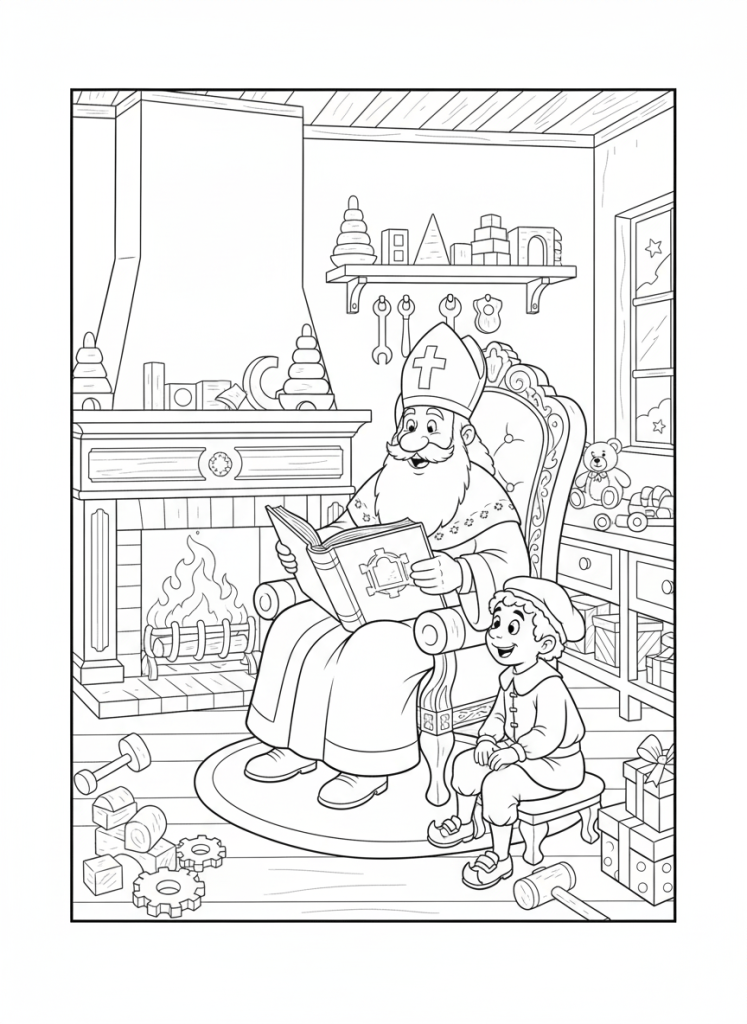 Kleurplaat van Sinterklaas die een jongetje voorleest voor een open haard, met veel speelgoed en cadeaus.