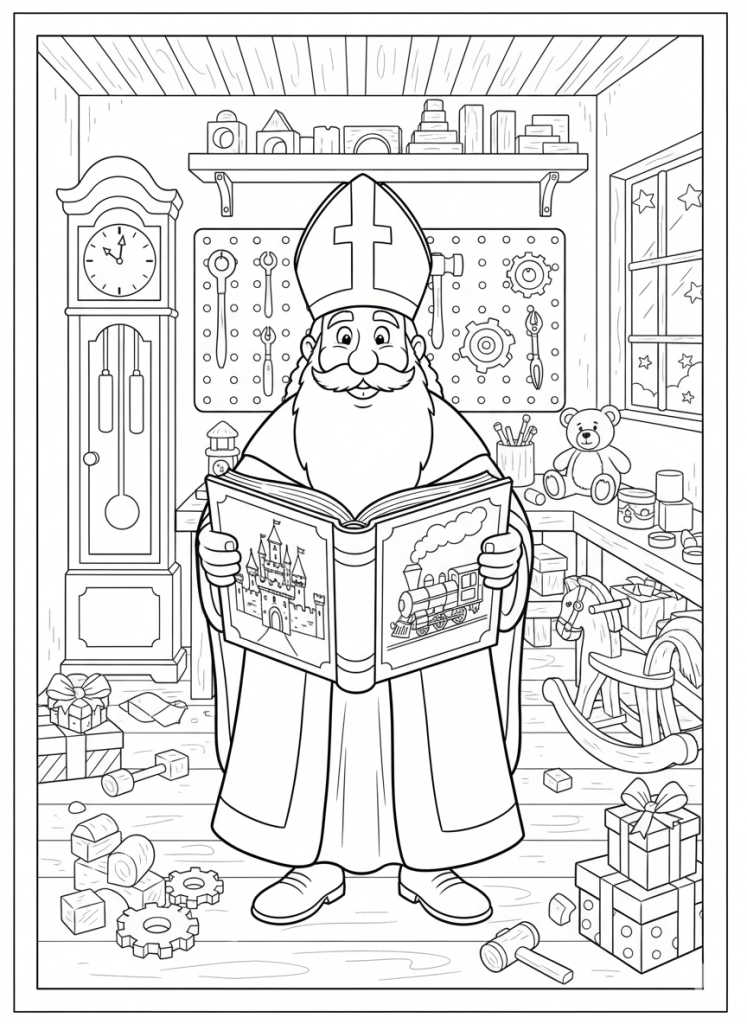Kleurplaat van Sinterklaas in een drukke werkplaats, met cadeautjes, speelgoed en gereedschap.