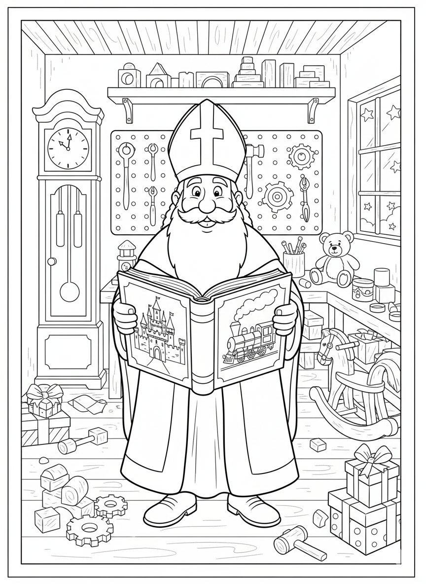 Kleurplaat van Sinterklaas in een drukke werkplaats, met cadeautjes, speelgoed en gereedschap.