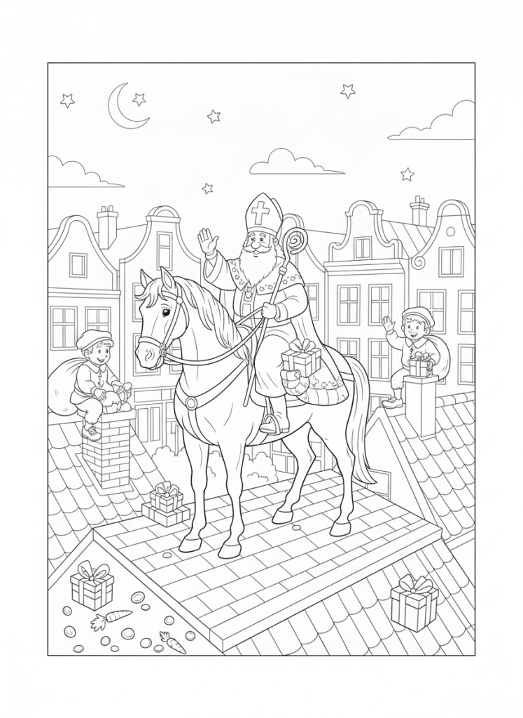 Kleurplaat van Sinterklaas die met zijn witte paard over daken rijdt, twee Pieten op schoorstenen en cadeautjes op de daken.