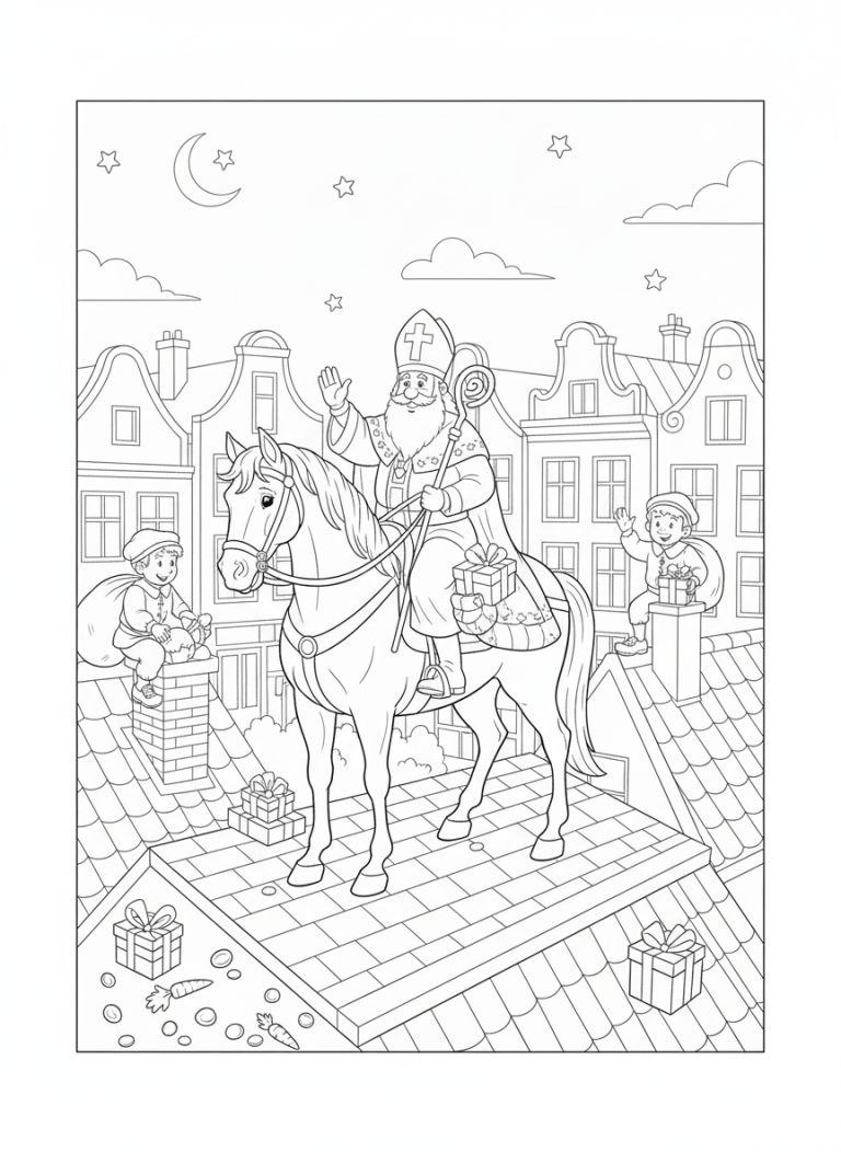 Kleurplaat van Sinterklaas die met zijn witte paard over daken rijdt, twee Pieten op schoorstenen en cadeautjes op de daken.