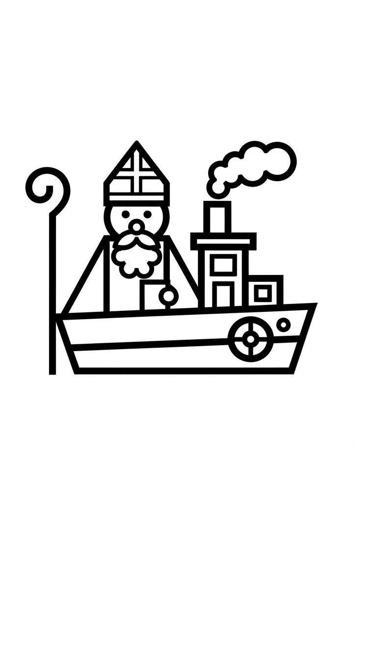 Zwart-witte lijntekening van Sinterklaas met mijter, volle baard en kromstaf, staand op een stoomboot met rokende schoorsteen en stuurwiel. Kleurplaat voor peuters.