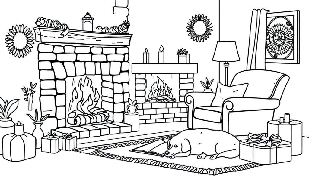 Zwart-wit lijntekening van een gezellige woonkamer met twee open haarden, decoraties, cadeautjes en een hond die een boek leest, ideaal als kleurplaat.