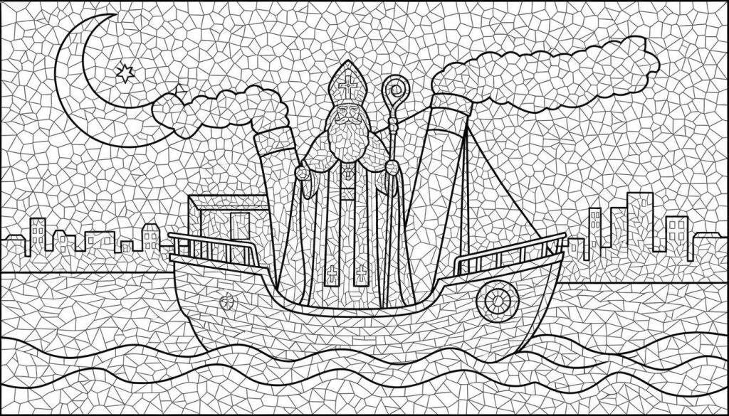Zwart-wit kleurplaat van Sinterklaas op een stoomboot in mozaïek/glas-in-loodstijl, met stadsskyline, halve maan en ster op de achtergrond.