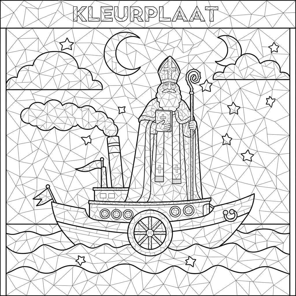 Moeilijke Sinterklaas kleurplaat: Sinterklaas op een stoomboot met rokende schoorsteen, twee vlaggen en zijwielen, varend op golvend water onder een nachtelijke hemel met wolken, halve maan en sterren. De hele afbeelding is opgevuld met een patroon van geometrische driehoeken, met 'KLEURPLAAT' bovenaan.