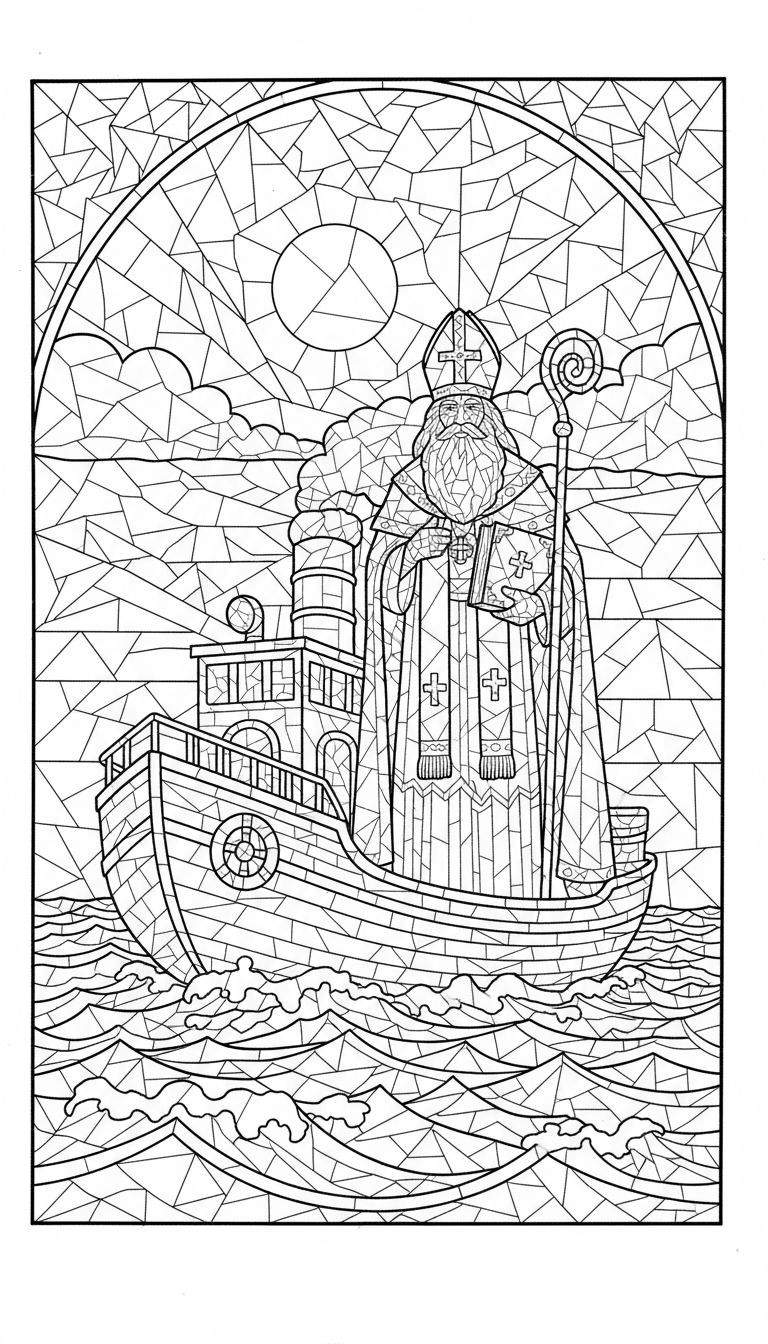 Zwart-wit Sinterklaas kleurplaat in glas-in-loodstijl: Sinterklaas op een stoomboot met mijter, baard, boek en kromstaf, varend op golvend water onder een lucht met geometrische vormen en zon, omringd door een boog.