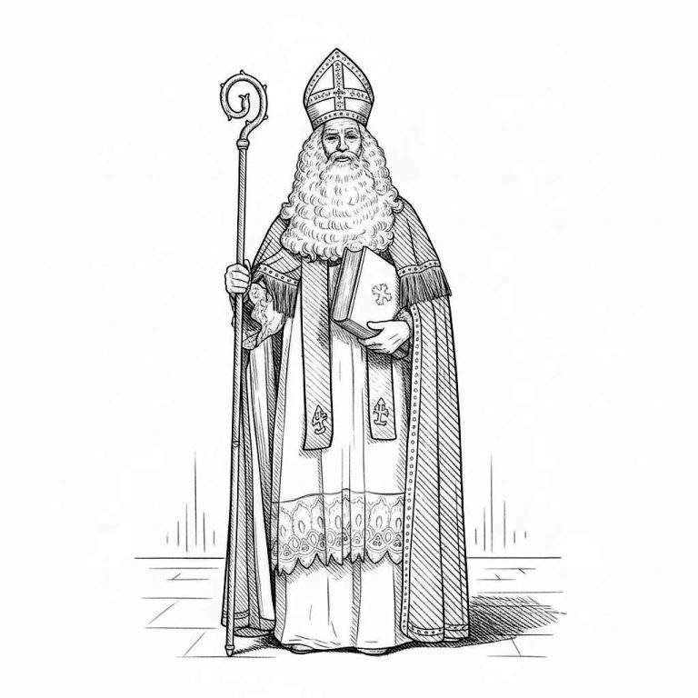 Gedetailleerde zwart-wit kleurplaat van Sinterklaas staand, met mijter, staf en boek, in bisschopskleding.