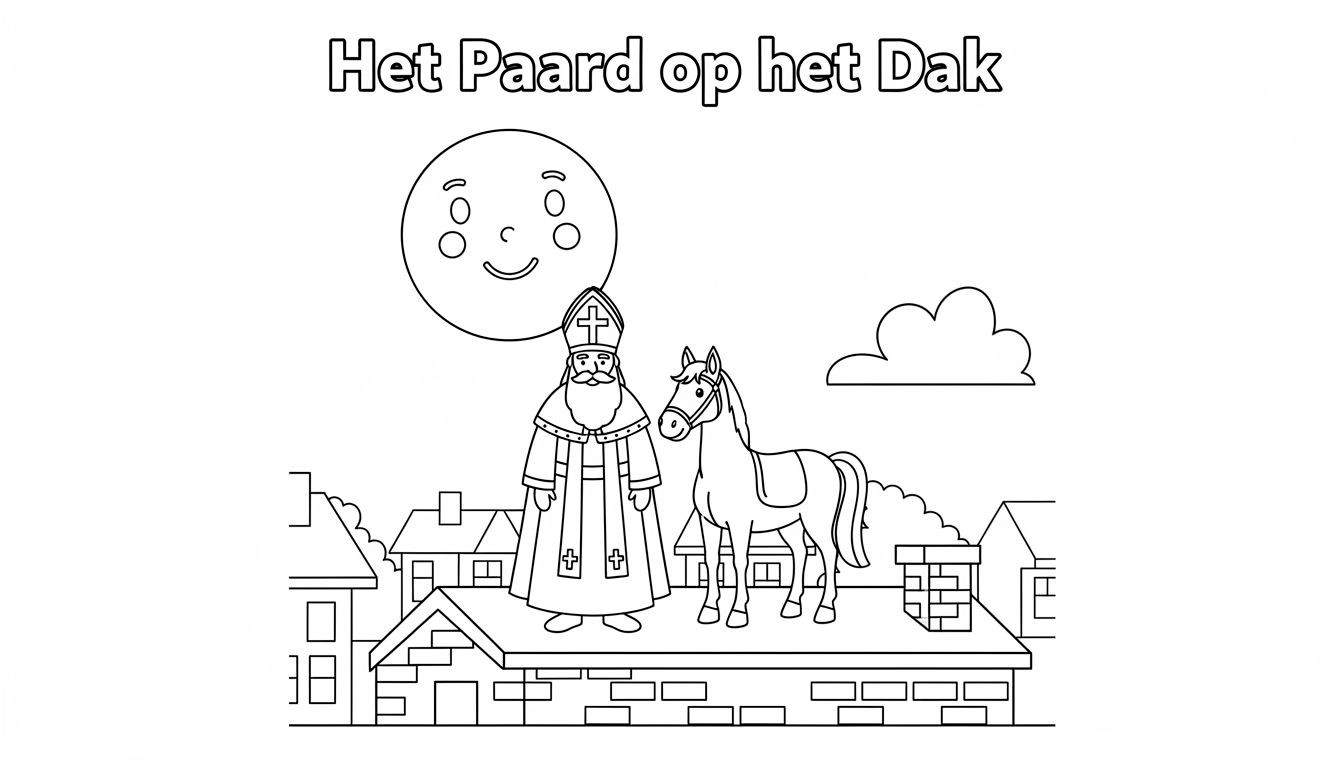 Sinterklaas met traditionele kleding, mijter en baard, staand naast zijn paard op een dak. Onder het dak zijn huizen te zien en in de lucht zweven een lachende zon en een wolk. Bovenaan staat de tekst 'Het Paard op het Dak'.