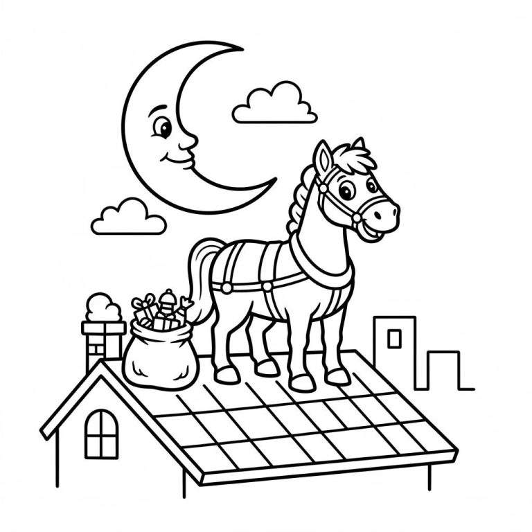 Kleurplaat van een paard met tuigje en cadeautjeszak op een dak met schoorsteen. Boven het dak schijnt een lachende halve maan met wolken. Op de achtergrond zijn gebouwen zichtbaar.