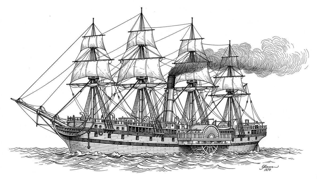 Gedetailleerde zwart-wit kleurplaat van een historisch raderstoomzeilschip uit 1870 met vier masten, schoorsteen, schoepenrad en zeilen, varend op golvend water.