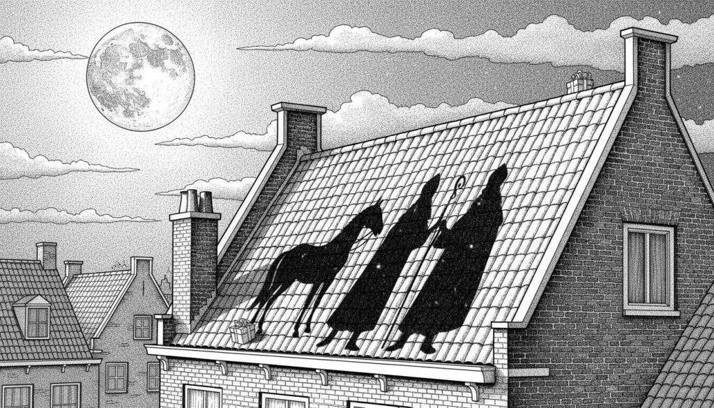 Gedetailleerde Sinterklaas kleurplaat in stippeltechniek. Toont schaduwen van Sinterklaas, zijn paard en drie figuren op een pannendak onder een volle maan. Met huizen, schoorstenen en een pakje. Roep de magie van Sinterklaasavond op.