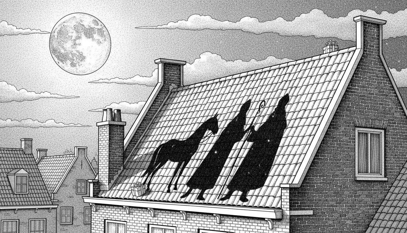 Gedetailleerde Sinterklaas kleurplaat in stippeltechniek. Toont schaduwen van Sinterklaas, zijn paard en drie figuren op een pannendak onder een volle maan. Met huizen, schoorstenen en een pakje. Roep de magie van Sinterklaasavond op.