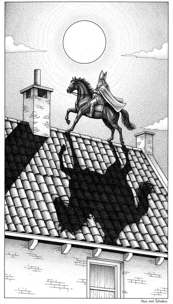 Zwart-wit kleurplaat van Sinterklaas op zijn paard op een pannendak onder een volle maan, met een grote, vervormde, veelkoppige schaduw die niet overeenkomt met de figuren. Tekst: 'Huis met Schaduw'.