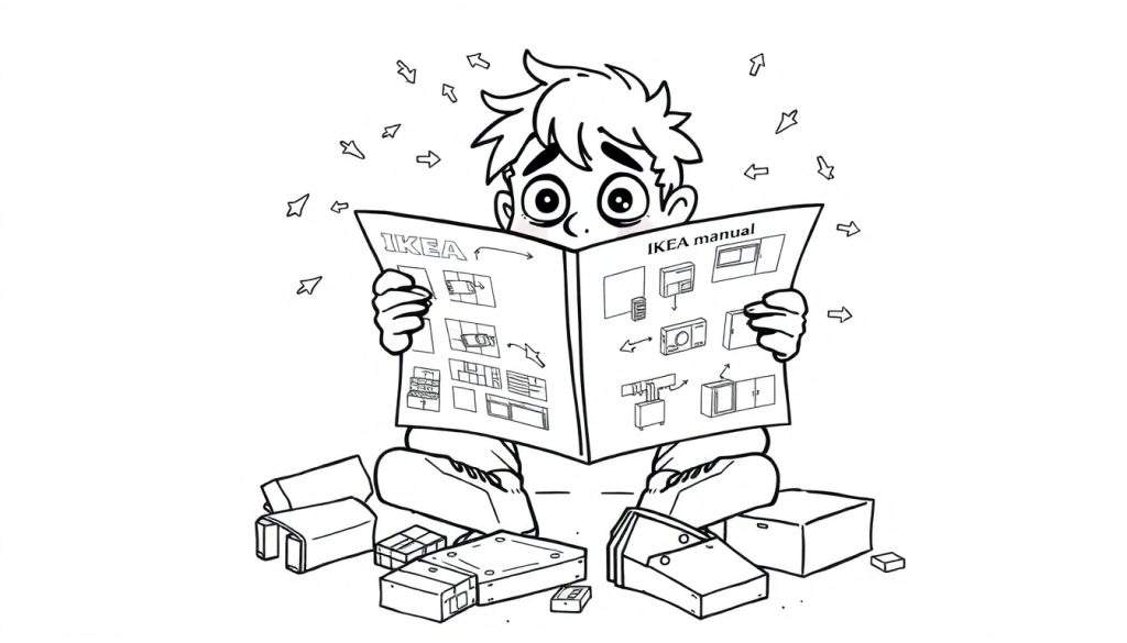 Zwart-wit tekening van een jongeman die gefrustreerd op de grond zit met een open IKEA handleiding en losse meubelonderdelen om zich heen.