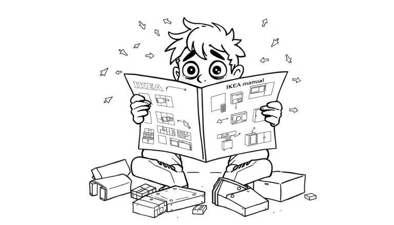 Zwart-wit tekening van een jongeman die gefrustreerd op de grond zit met een open IKEA handleiding en losse meubelonderdelen om zich heen.