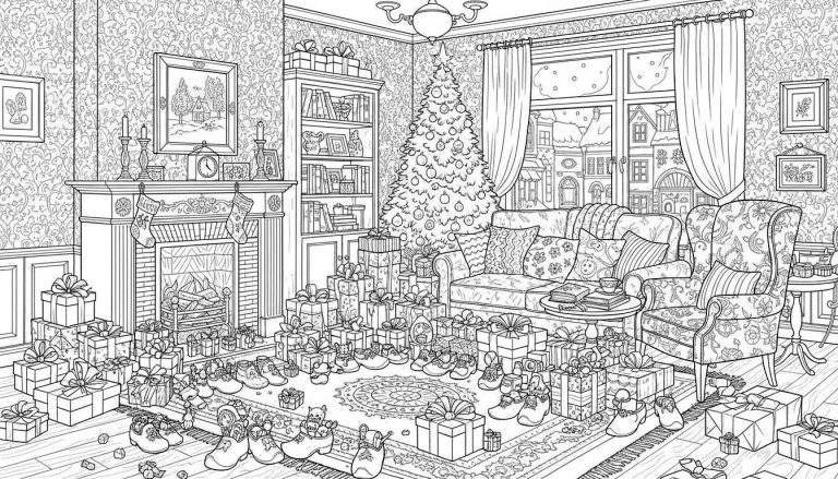 Zwart-wit kleurplaat van een gedetailleerde kerst woonkamer met kerstboom, open haard, cadeaus, meubels en besneeuwd uitzicht, vol feestelijke elementen.