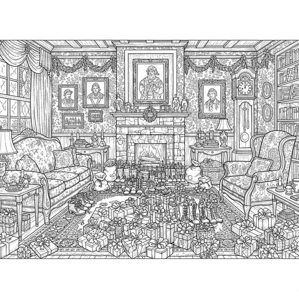 Gedetailleerde kerstkamer kleurplaat met open haard, kerstcadeaus, versierde schoorsteenmantel, comfortabele meubels, boekenkast, staande klok en feestelijke decoraties.