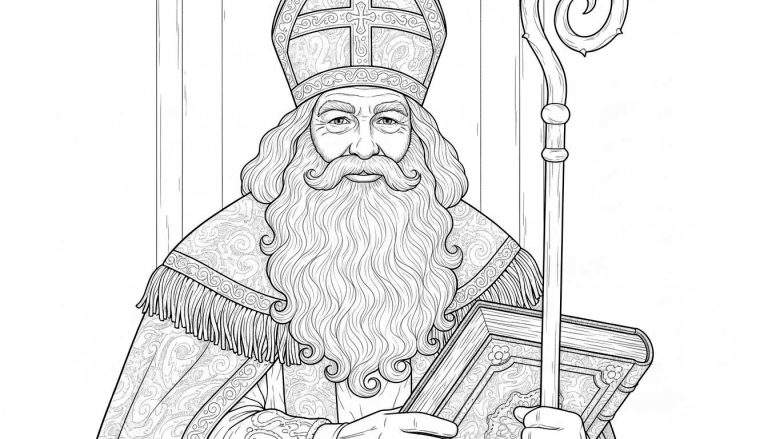 Gedetailleerde Sinterklaas kleurplaat voor volwassenen. Afbeelding van een oudere bisschop met lange baard, versierde mijter, rijk gewaad, kromstaf en boek, vriendelijk kijkend.