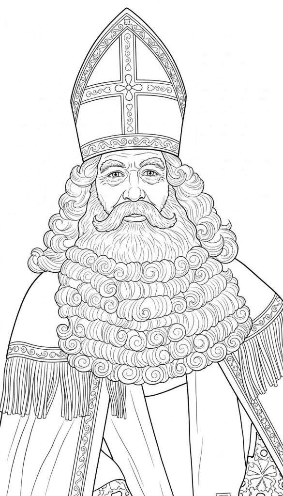 Gedetailleerde Sinterklaas kleurplaat: portret van een bisschop met lange krulbaard, versierde mijter en rijk gewaad.