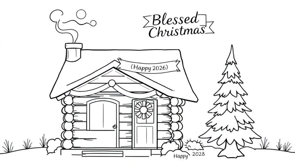 Kleurplaat van een gezellige blokhut met rook uit de schoorsteen, een kerstboom, en feestelijke banners met 'Happy 2026' en 'Blessed Christmas'.